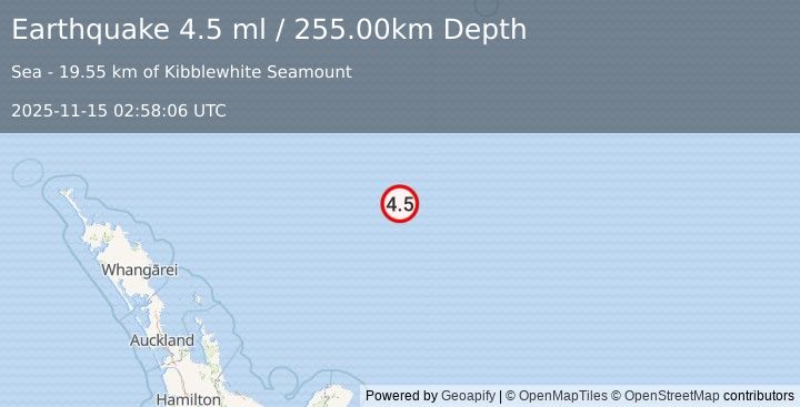 Earthquake SOUTH OF KERMADEC ISLANDS (4.5 ml) (2025-11-15 02:58:06 UTC)