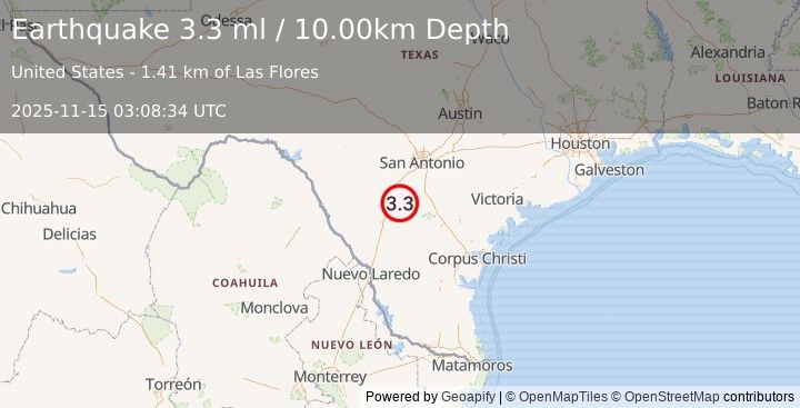 Earthquake SOUTHERN TEXAS (3.3 ml) (2025-11-15 03:08:34 UTC)