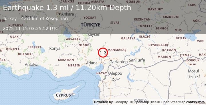 Earthquake CENTRAL TURKEY (1.3 ml) (2025-11-15 03:25:52 UTC)