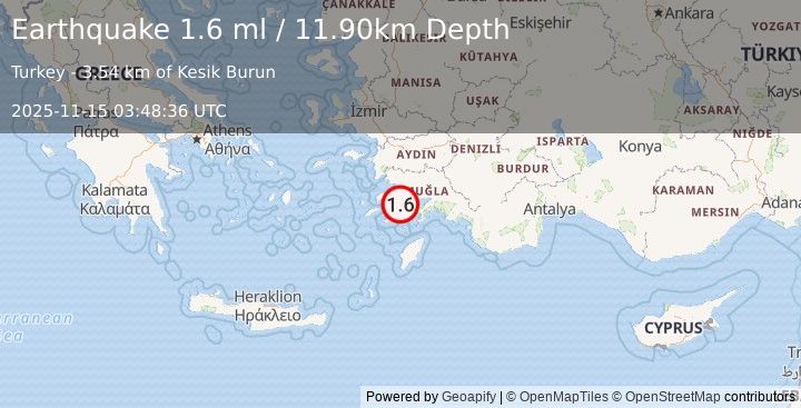 Earthquake DODECANESE IS.-TURKEY BORDER REG (1.6 ml) (2025-11-15 03:48:35 UTC)