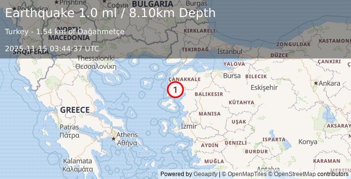 Earthquake NEAR THE COAST OF WESTERN TURKEY (1.0 ml) (2025-11-15 03:44:37 UTC)