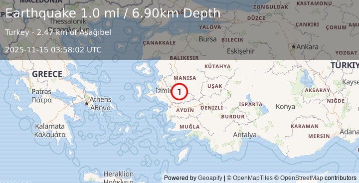 Earthquake WESTERN TURKEY (1.0 ml) (2025-11-15 03:58:02 UTC)