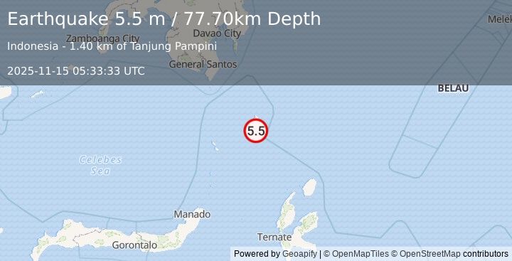 Earthquake KEPULAUAN TALAUD, INDONESIA (5.4 mw) (2025-11-15 05:33:30 UTC)