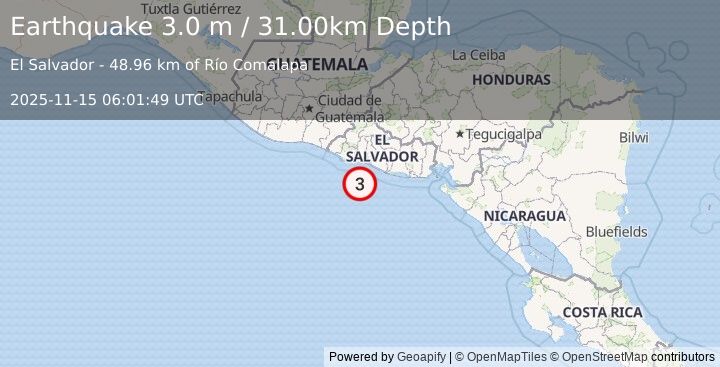 Earthquake OFFSHORE EL SALVADOR (3.0 m) (2025-11-15 06:01:49 UTC)
