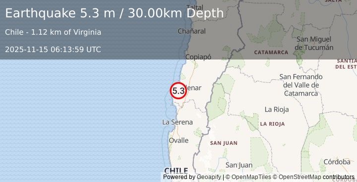 Earthquake OFFSHORE ATACAMA, CHILE (5.2 m) (2025-11-15 06:13:57 UTC)
