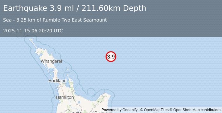 Earthquake OFF E. COAST OF N. ISLAND, N.Z. (3.9 ml) (2025-11-15 06:20:20 UTC)
