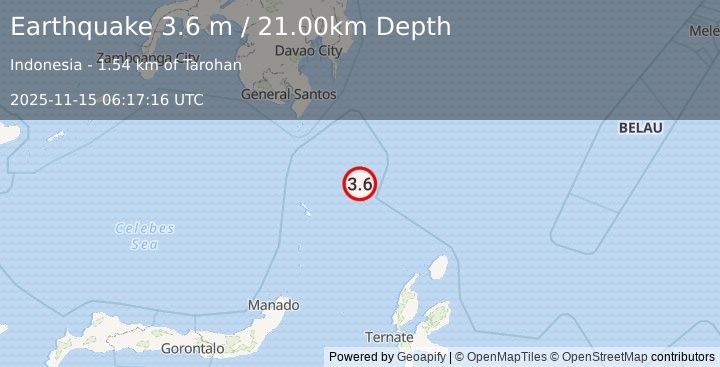 Earthquake KEPULAUAN TALAUD, INDONESIA (3.6 m) (2025-11-15 06:17:16 UTC)