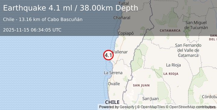 Earthquake ATACAMA, CHILE (4.0 ml) (2025-11-15 06:34:04 UTC)