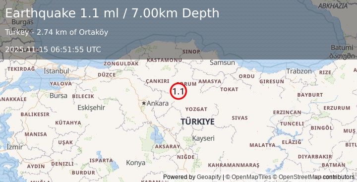 Earthquake CENTRAL TURKEY (1.1 ml) (2025-11-15 06:51:55 UTC)