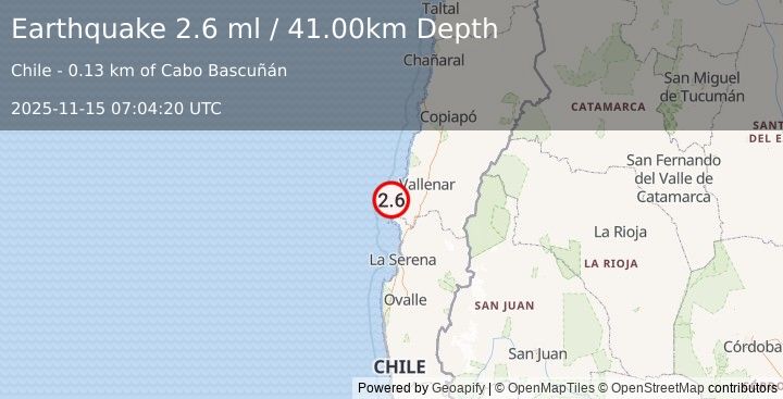 Earthquake OFFSHORE ATACAMA, CHILE (2.6 ml) (2025-11-15 07:04:20 UTC)