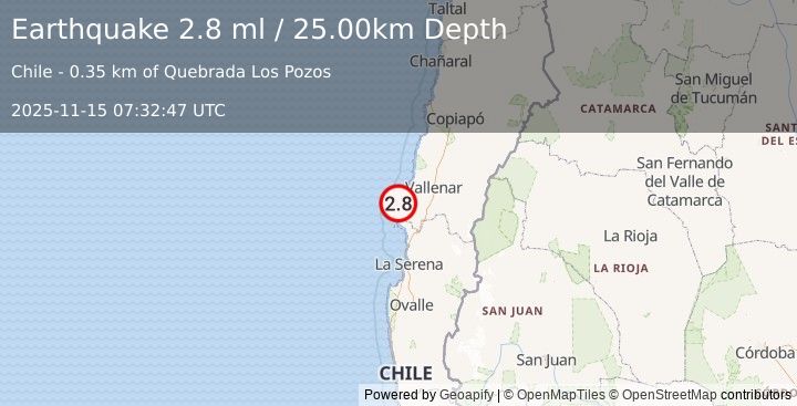 Earthquake ATACAMA, CHILE (2.8 ml) (2025-11-15 07:32:47 UTC)