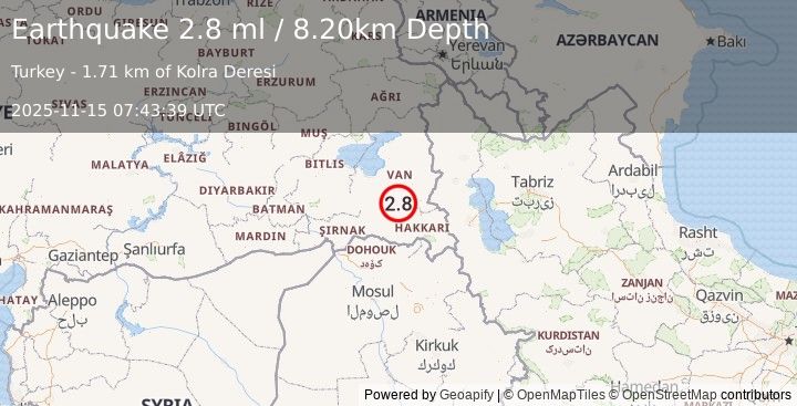 Earthquake TURKEY-IRAQ BORDER REGION (2.8 ml) (2025-11-15 07:43:39 UTC)