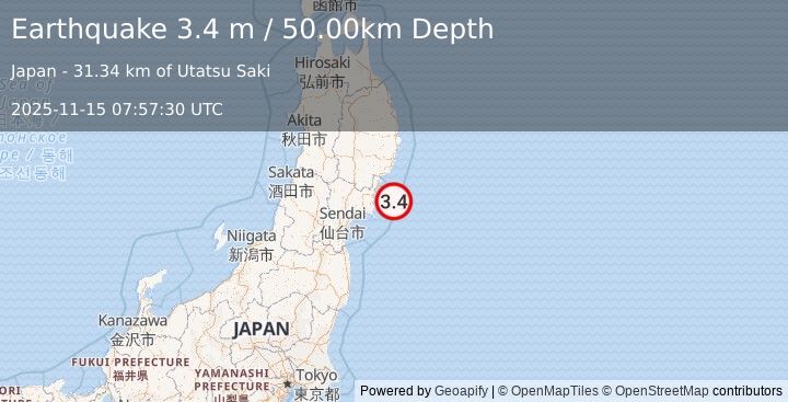 Earthquake NEAR EAST COAST OF HONSHU, JAPAN (3.4 m) (2025-11-15 07:57:30 UTC)