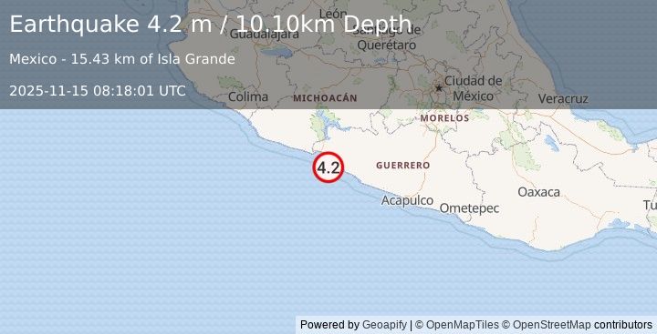Earthquake OFFSHORE GUERRERO, MEXICO (4.2 m) (2025-11-15 08:18:01 UTC)