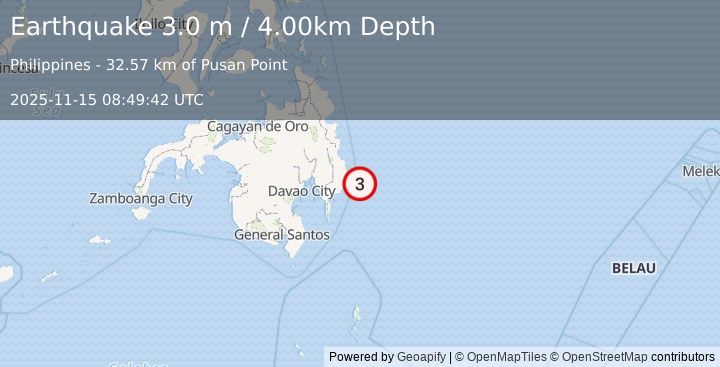 Earthquake MINDANAO, PHILIPPINES (3.0 m) (2025-11-15 08:49:42 UTC)