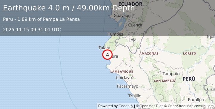 Earthquake NEAR COAST OF NORTHERN PERU (4.0 m) (2025-11-15 09:31:01 UTC)