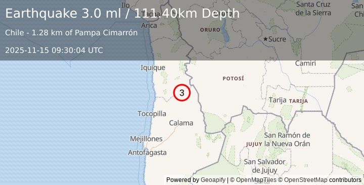 Earthquake TARAPACA, CHILE (3.0 ml) (2025-11-15 09:30:04 UTC)