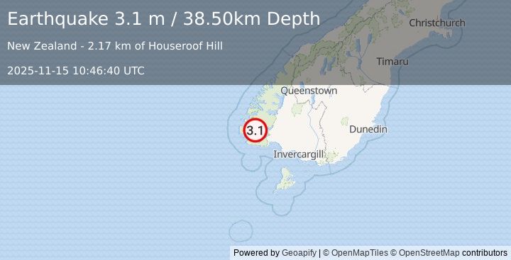 Earthquake SOUTH ISLAND OF NEW ZEALAND (3.1 m) (2025-11-15 10:46:40 UTC)