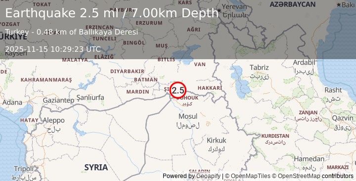 Earthquake TURKEY-SYRIA-IRAQ BORDER REGION (2.5 ml) (2025-11-15 10:29:23 UTC)
