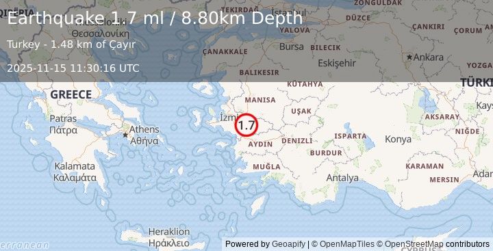 Earthquake WESTERN TURKEY (1.7 ml) (2025-11-15 11:30:16 UTC)