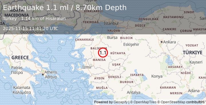 Earthquake WESTERN TURKEY (1.1 ml) (2025-11-15 11:41:20 UTC)