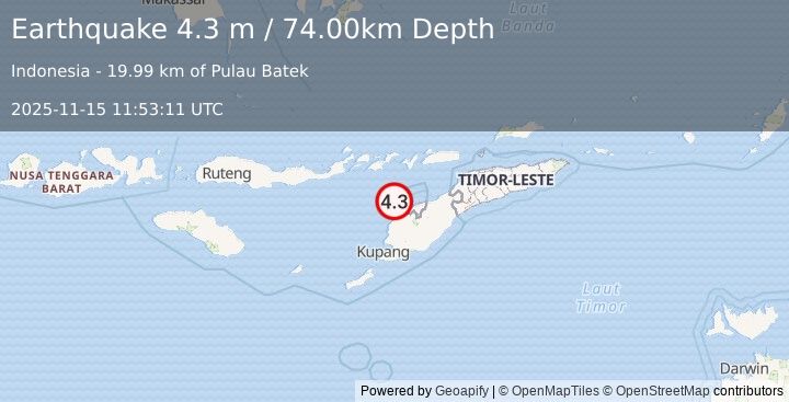 Earthquake TIMOR REGION, INDONESIA (4.3 m) (2025-11-15 11:53:11 UTC)