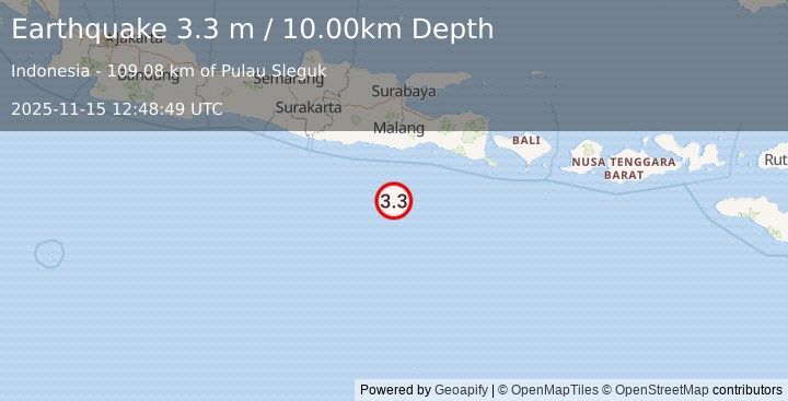 Earthquake SOUTH OF JAVA, INDONESIA (3.3 m) (2025-11-15 12:48:49 UTC)