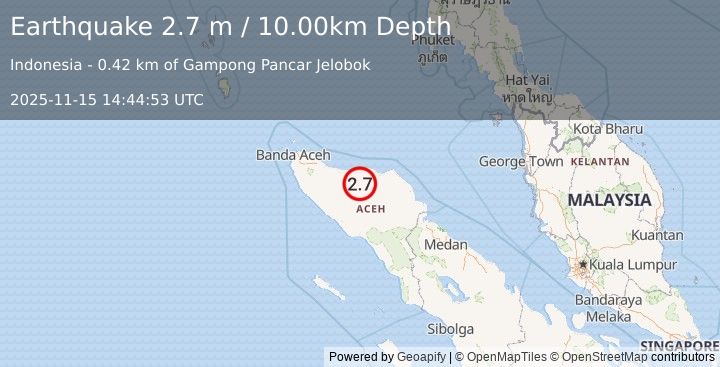 Earthquake NORTHERN SUMATRA, INDONESIA (2.7 m) (2025-11-15 14:44:53 UTC)