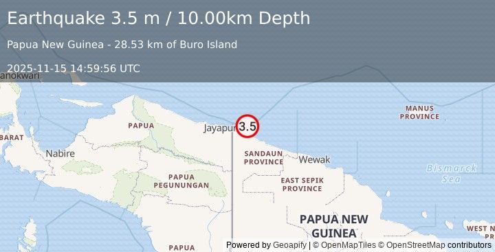 Earthquake NEAR N COAST OF NEW GUINEA, PNG. (3.5 m) (2025-11-15 14:59:56 UTC)