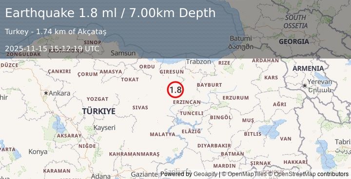 Earthquake EASTERN TURKEY (1.8 ml) (2025-11-15 15:12:19 UTC)