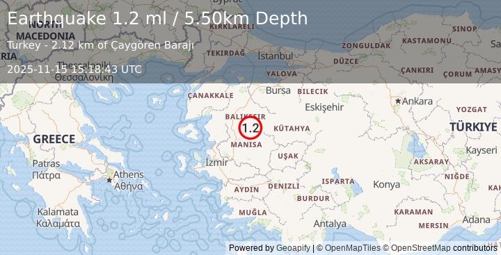 Earthquake WESTERN TURKEY (1.2 ml) (2025-11-15 15:18:43 UTC)