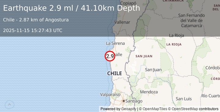 Earthquake COQUIMBO, CHILE (2.9 ml) (2025-11-15 15:27:43 UTC)