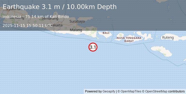 Earthquake SOUTH OF BALI, INDONESIA (3.1 m) (2025-11-15 15:50:11 UTC)