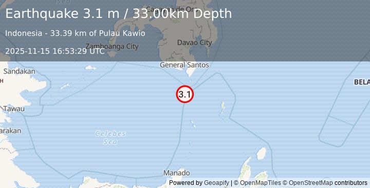 Earthquake KEPULAUAN SANGIHE, INDONESIA (3.1 m) (2025-11-15 16:53:29 UTC)