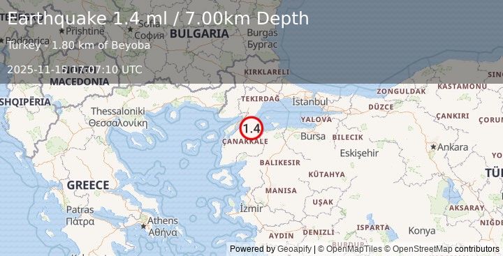 Earthquake WESTERN TURKEY (1.4 ml) (2025-11-15 17:07:10 UTC)