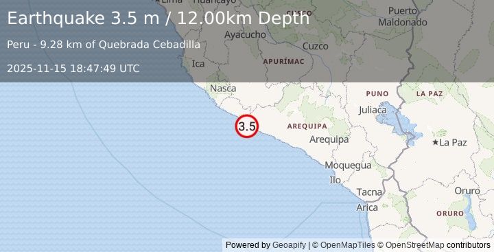 Earthquake NEAR COAST OF SOUTHERN PERU (3.5 m) (2025-11-15 18:47:49 UTC)