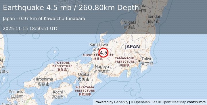 Earthquake EASTERN HONSHU, JAPAN (4.5 mb) (2025-11-15 18:50:51 UTC)