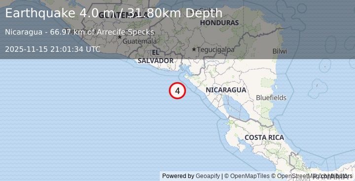 Earthquake NEAR COAST OF NICARAGUA (4.0 m) (2025-11-15 21:01:34 UTC)