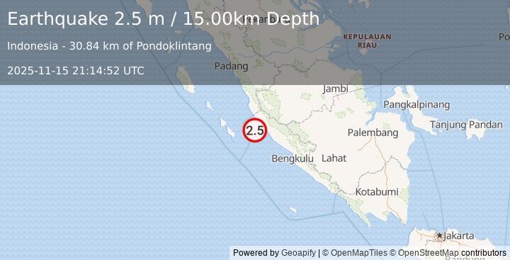 Earthquake SOUTHERN SUMATRA, INDONESIA (2.5 m) (2025-11-15 21:14:52 UTC)