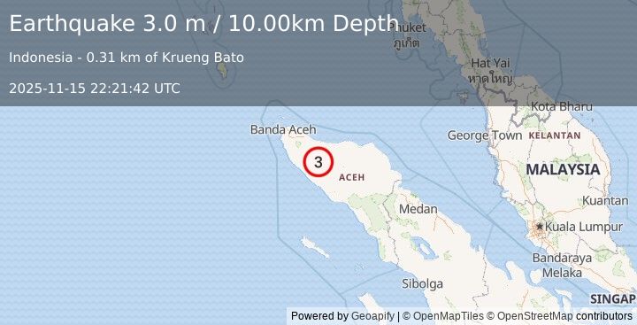 Earthquake NORTHERN SUMATRA, INDONESIA (3.0 m) (2025-11-15 22:21:42 UTC)