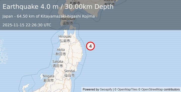 Earthquake NEAR EAST COAST OF HONSHU, JAPAN (4.0 m) (2025-11-15 22:26:30 UTC)