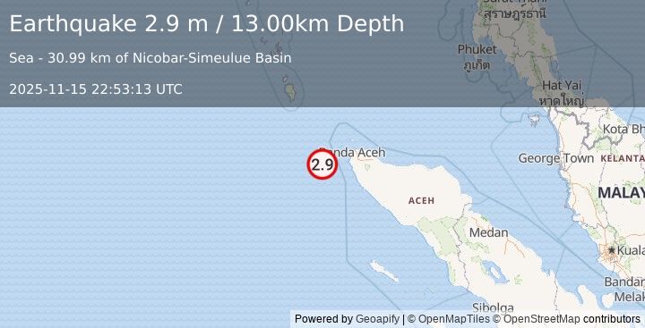 Earthquake NORTHERN SUMATRA, INDONESIA (2.9 m) (2025-11-15 22:53:13 UTC)