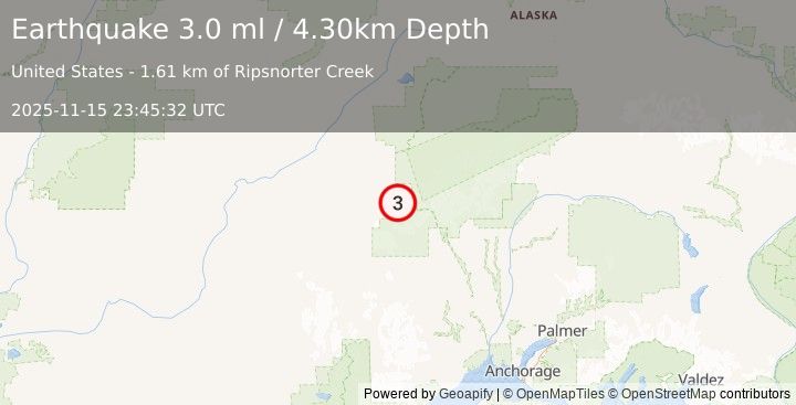 Earthquake CENTRAL ALASKA (3.0 ml) (2025-11-15 23:45:32 UTC)
