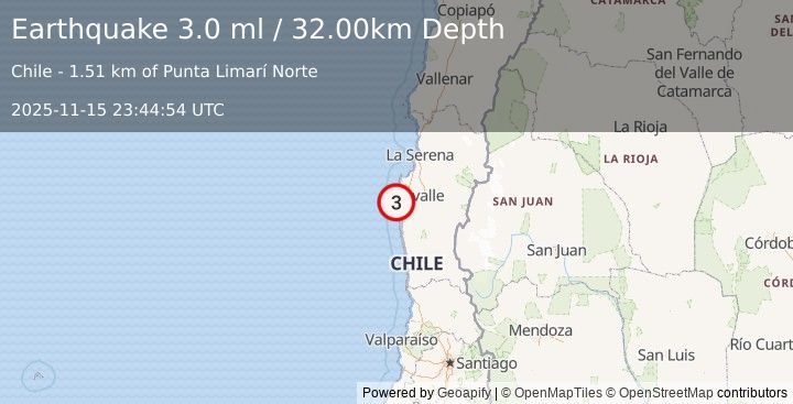 Earthquake OFFSHORE COQUIMBO, CHILE (3.0 ml) (2025-11-15 23:44:54 UTC)
