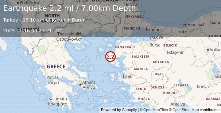 Earthquake NEAR THE COAST OF WESTERN TURKEY (2.4 ml) (2025-11-16 00:27:22 UTC)