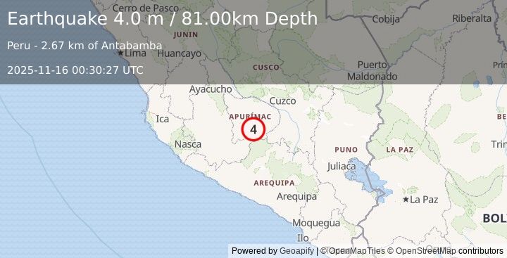 Earthquake CENTRAL PERU (4.0 m) (2025-11-16 00:30:27 UTC)