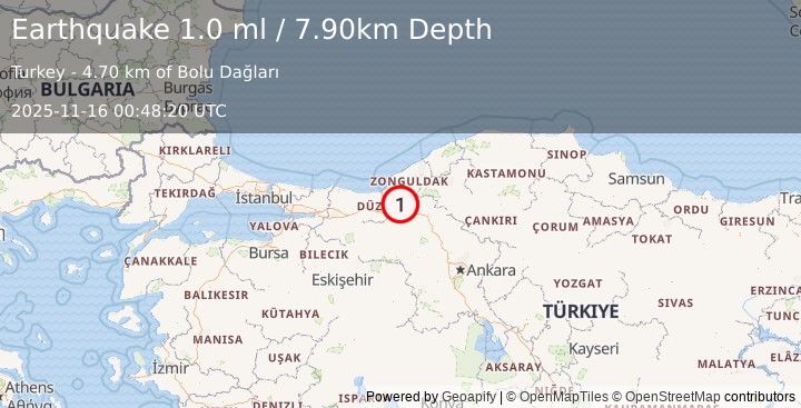 Earthquake WESTERN TURKEY (1.0 ml) (2025-11-16 00:48:20 UTC)