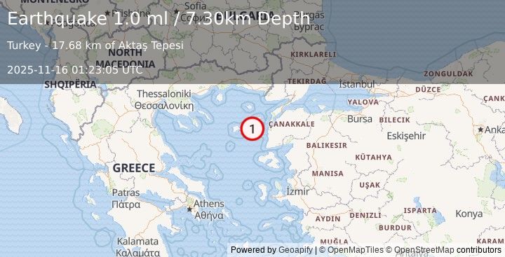 Earthquake AEGEAN SEA (1.0 ml) (2025-11-16 01:23:05 UTC)