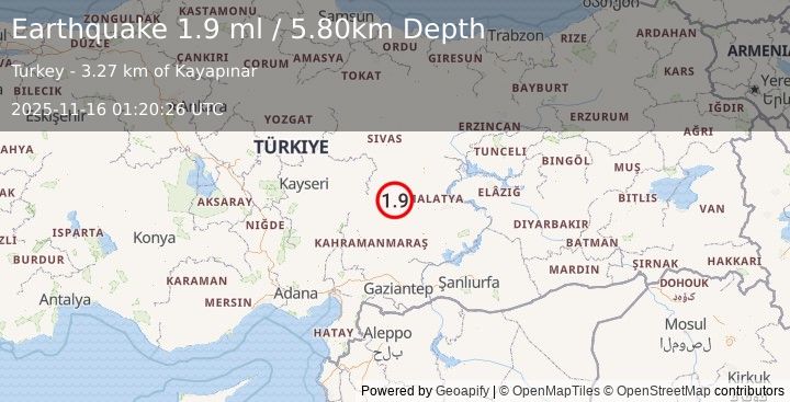 Earthquake CENTRAL TURKEY (1.9 ml) (2025-11-16 01:20:26 UTC)