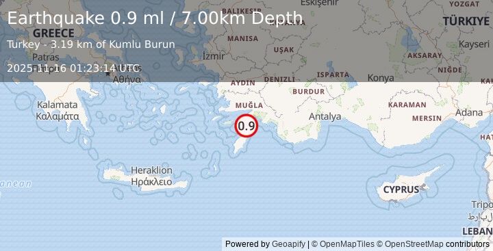 Earthquake DODECANESE IS.-TURKEY BORDER REG (0.9 ml) (2025-11-16 01:23:14 UTC)